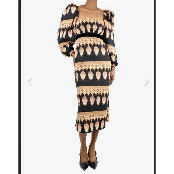 JOHANNA ORTIZ Black Symbolic Emblems Velvet Trimmed Printed Cotton Midi Dress 4 - Picture 2 of 16